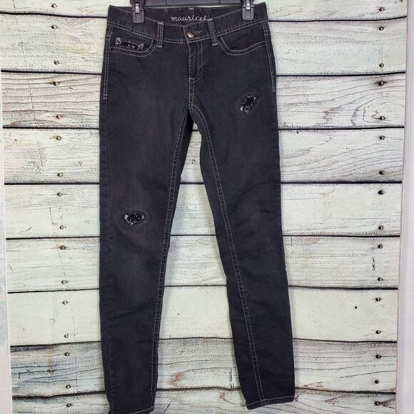 Maurices Women’s Black Skinny Jeans Size Small Sequin Distressed Stretch Denim - Picture 1 of 6
